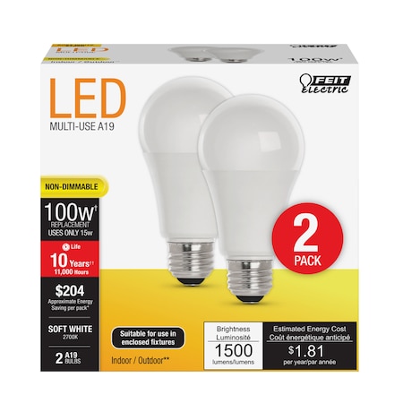 Feit Electric Feit A19 E26 (Medium) LED Bulb Soft White 100 Watt Equivalence 2 pk A160082710KLED2